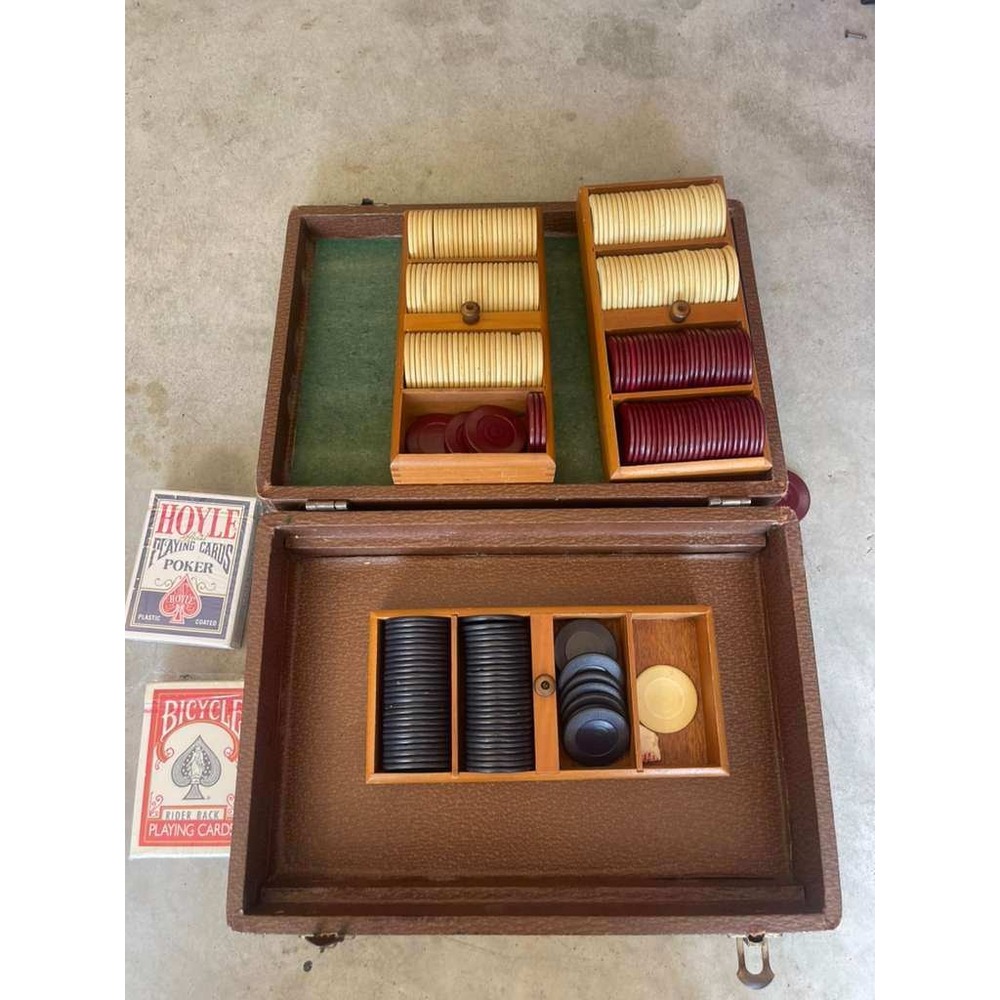 Vintage Poker Chip Set in Faux Leather Case with Hoyle & Bicycle Playing Cards